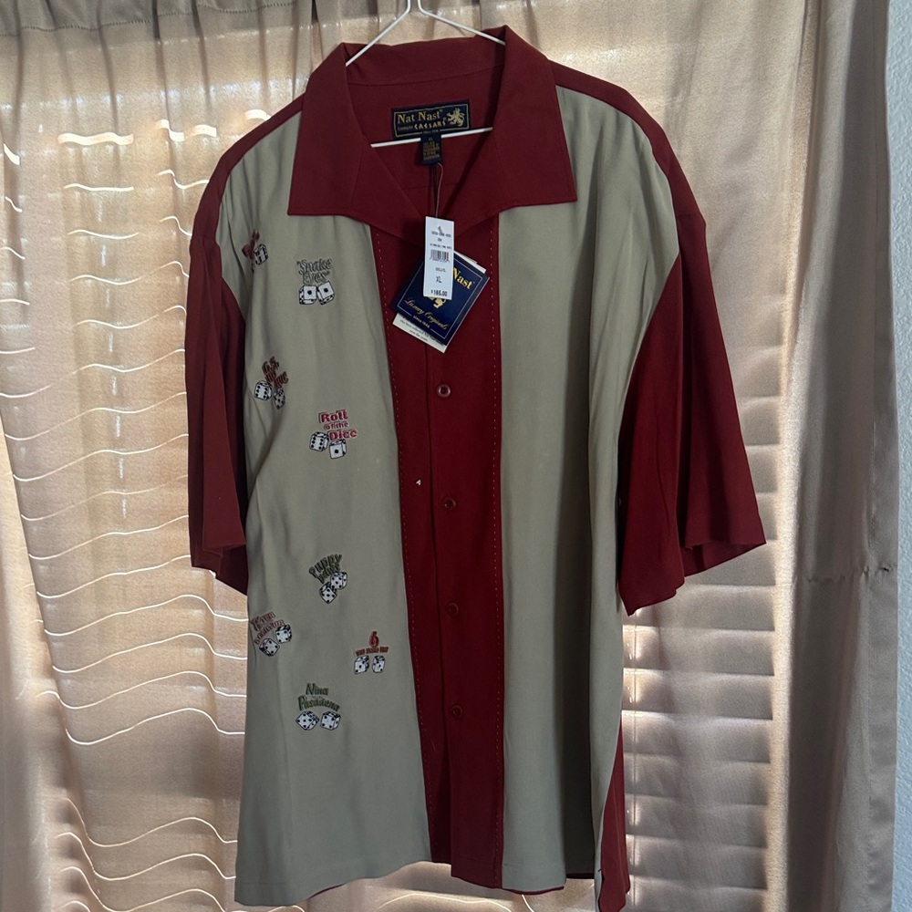 100% Silk Nat Nast Men's Limited Edition Poker Casual Red and Tan Button Shirt